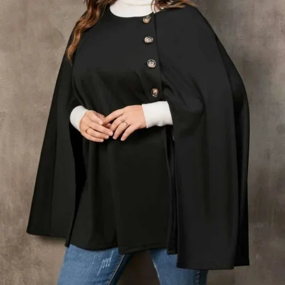 Plus Size Black Button Front Cloak Sleeve Coat Jacket cape - Picture 3 of 4